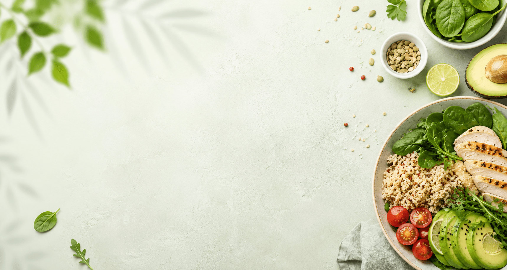Fresh nutrition bowl with greens, avocado, and grilled chicken